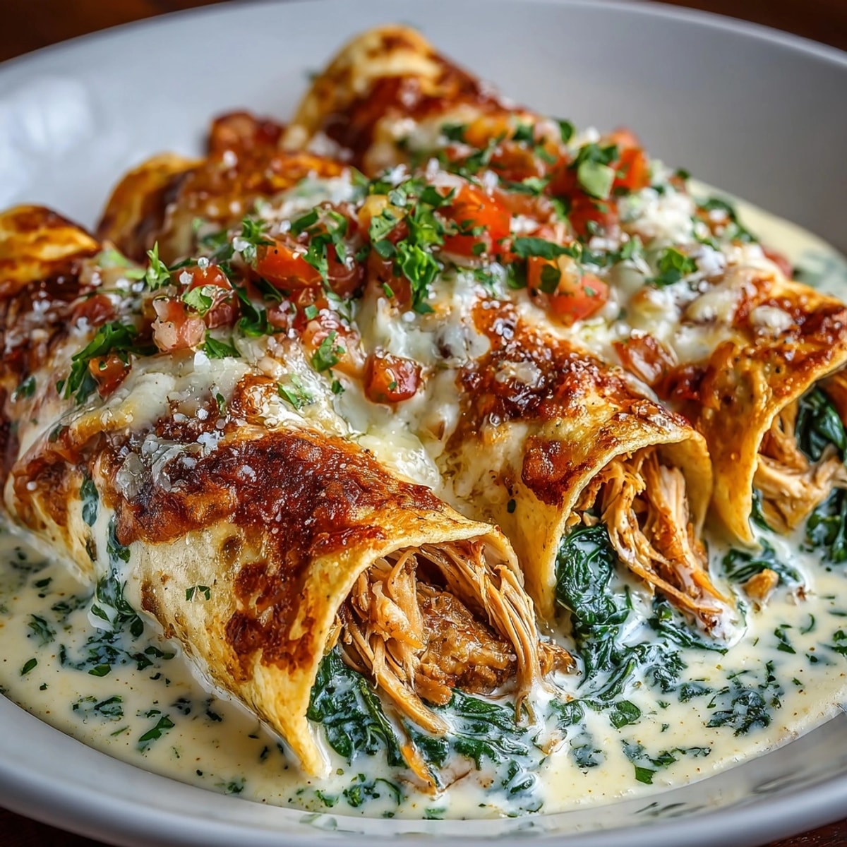 Golden, bubbly Creamy Chicken & Spinach Skillet Enchiladas, ready to serve with sour cream.