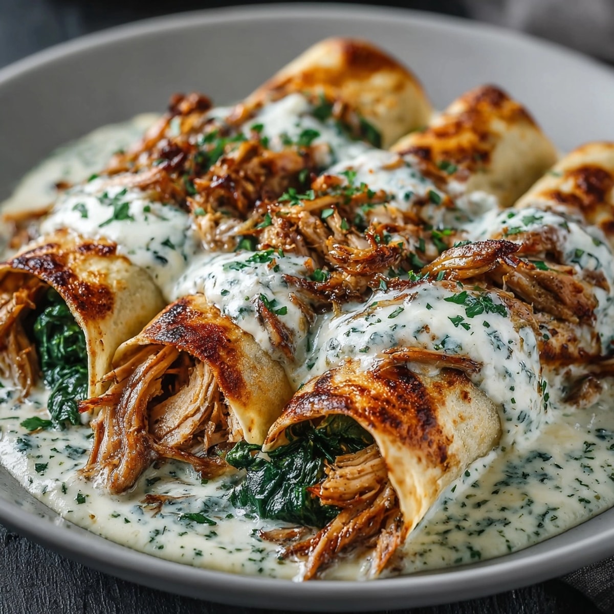 Imagine warm, cheesy Creamy Chicken & Spinach Skillet Enchiladas – easy one-pan comfort food.