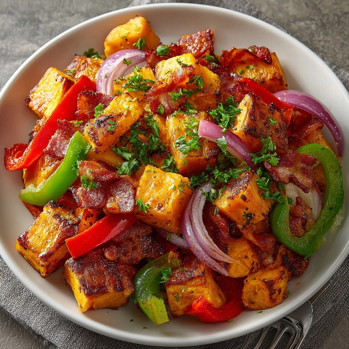 Homemade Sweet Potato & Bacon Breakfast Hash: colorful, warm, perfect for a brunch dish.