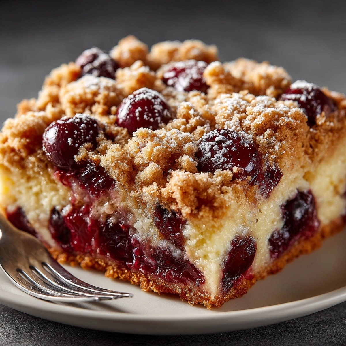 Golden Cherry Streusel Breakfast Clafoutis, fresh from the oven, smells buttery with baked fruit.