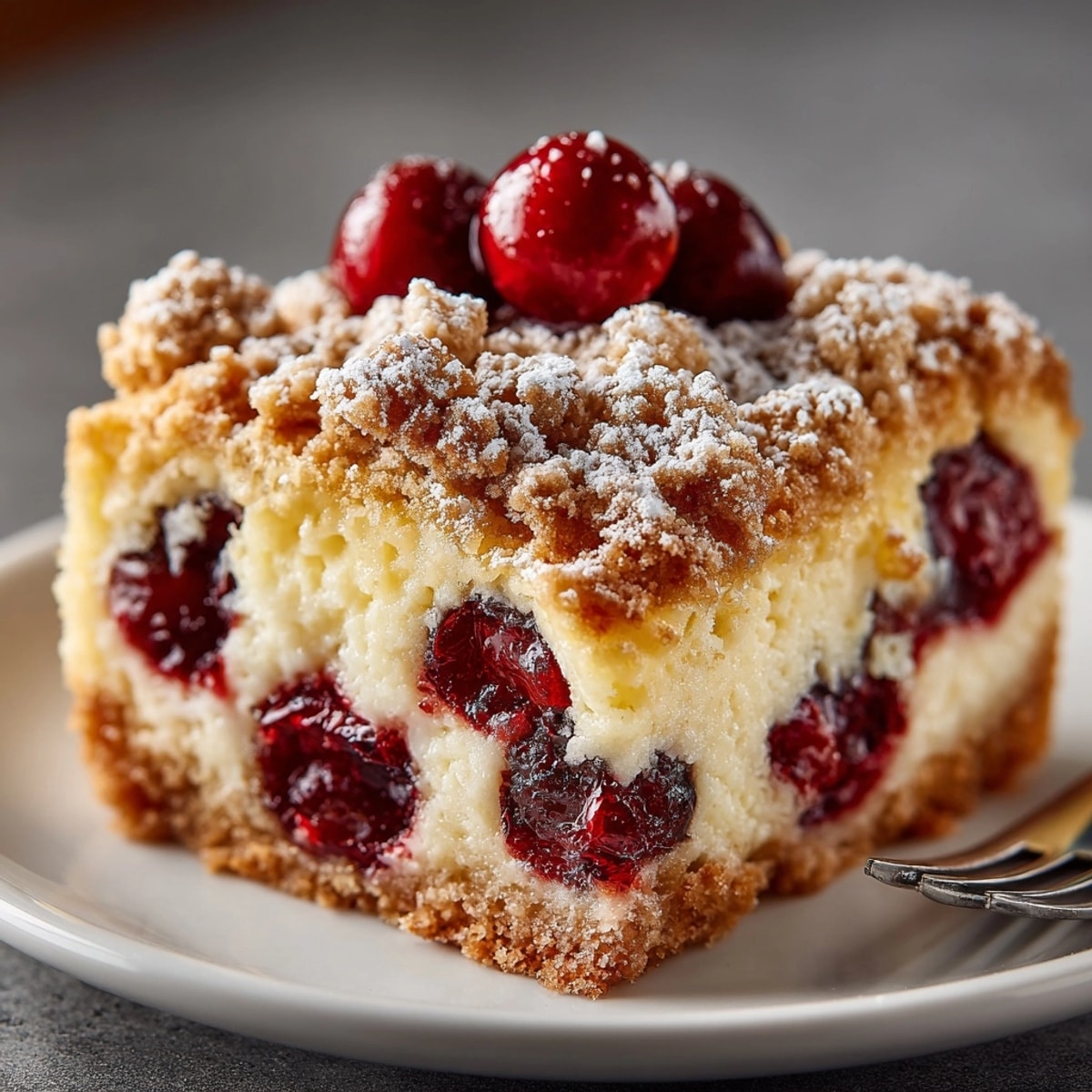 Warm Cherry Streusel Breakfast Clafoutis: a comforting brunch recipe scattered with crunchy streusel topping.