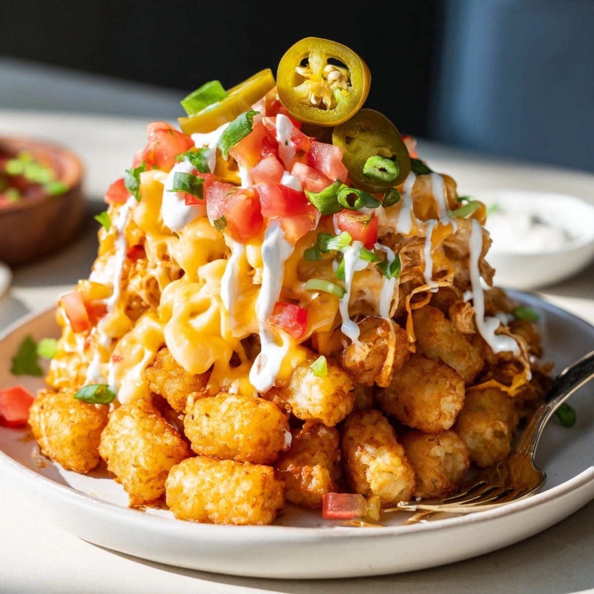 Golden, crispy Mac and Cheese Tex-Mex Tater Tots, oozing cheese, topped with garnishes.