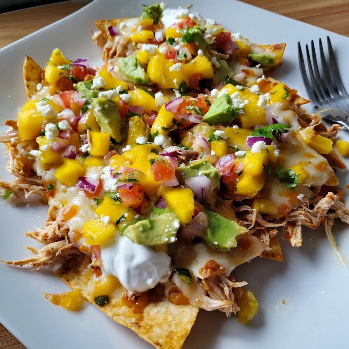 Golden baked Mango Pineapple Chicken Nachos, a colorful sweet, savory Tex-Mex appetizer.
