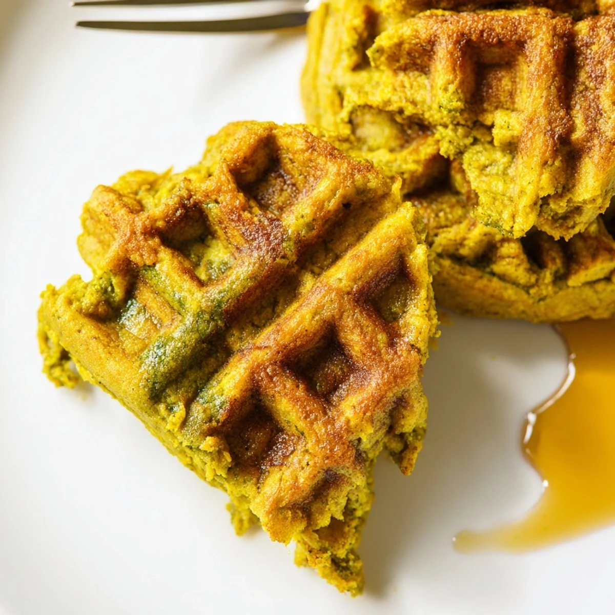 Fluffy matcha pumpkin muffin waffles drizzled with maple syrup, perfect for brunch.  