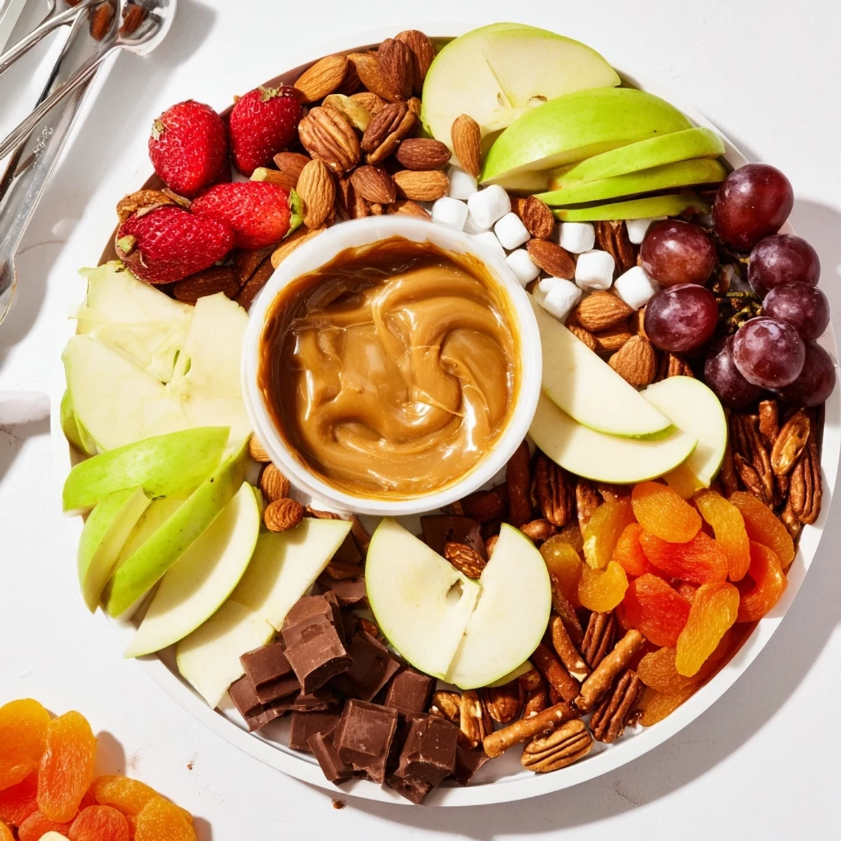 Vegan Caramel Apple Charcuterie Board filled with fresh apples, grapes, and rich caramel drizzle.  