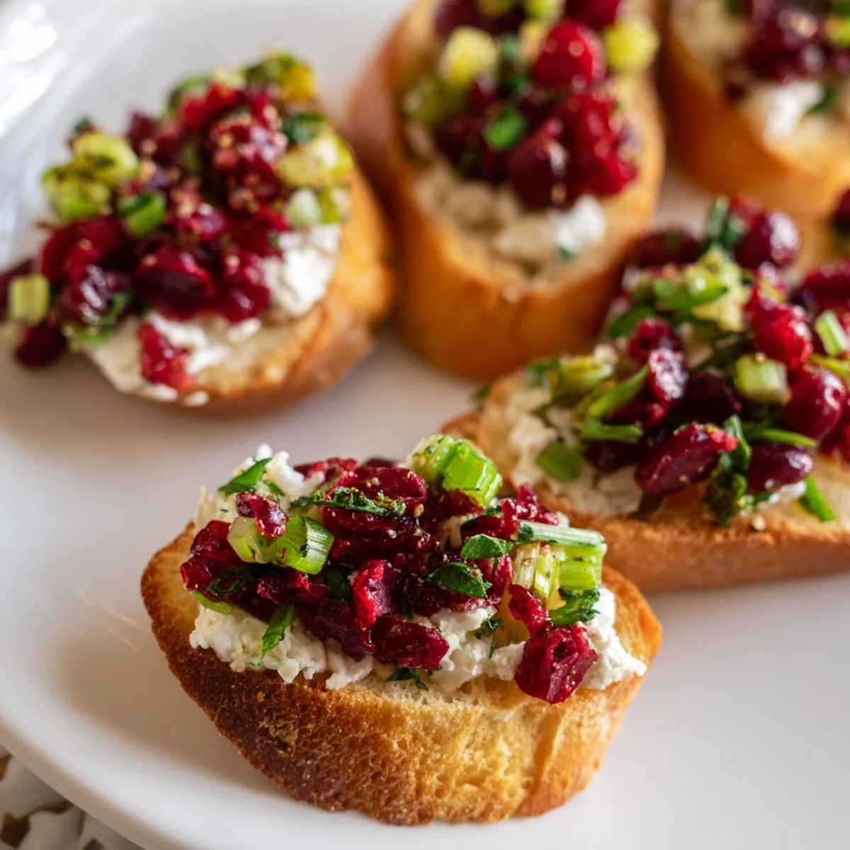 Festive, savory bites of Cranberry Jalapeño Tapenade on toasted crostini, ideal for gatherings.