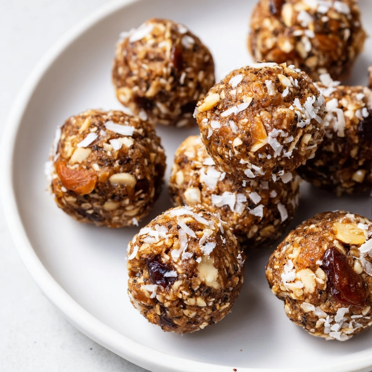 Festive spiced holiday snack energy balls rolled in coconut ready for sharing.  
