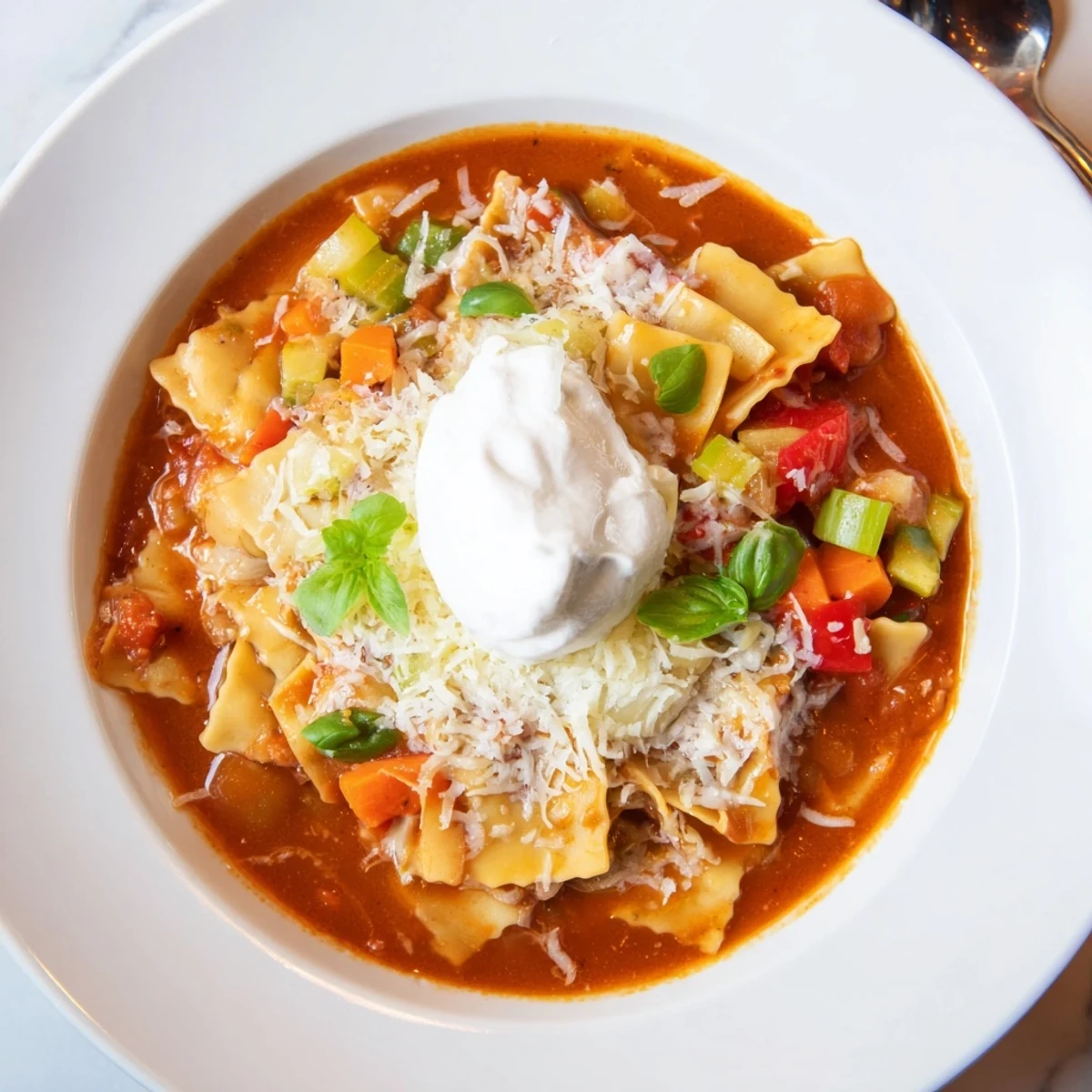 Hearty lasagne soup with creamy pumpkin ricotta, perfect for autumn evenings.  