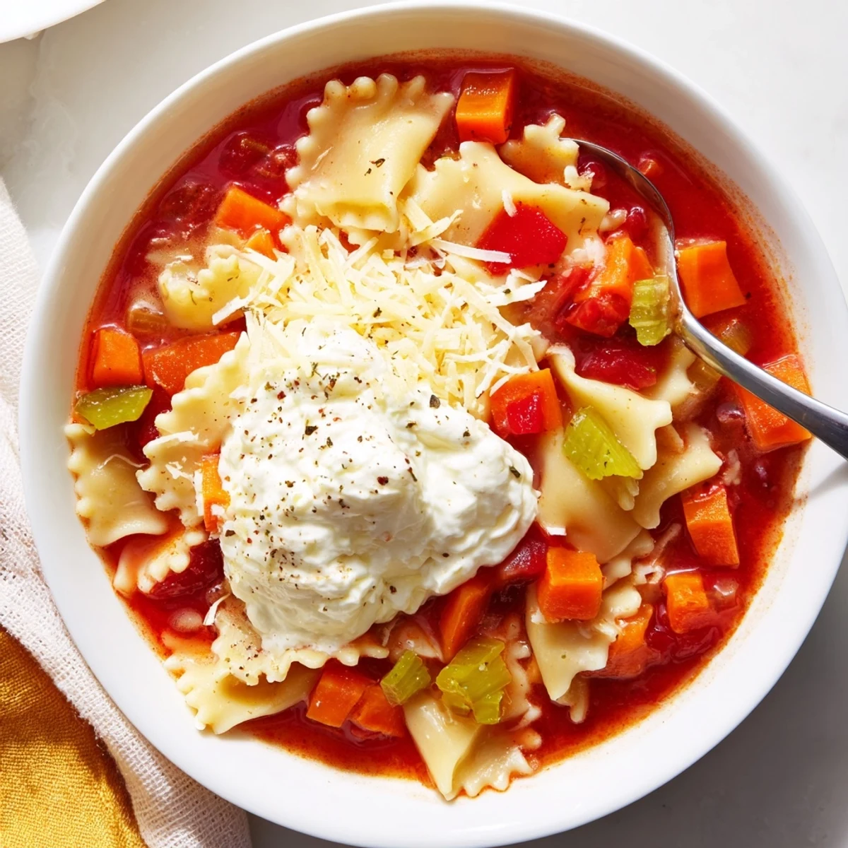 Warm and inviting lasagne soup topped with rich pumpkin ricotta and fresh basil.  