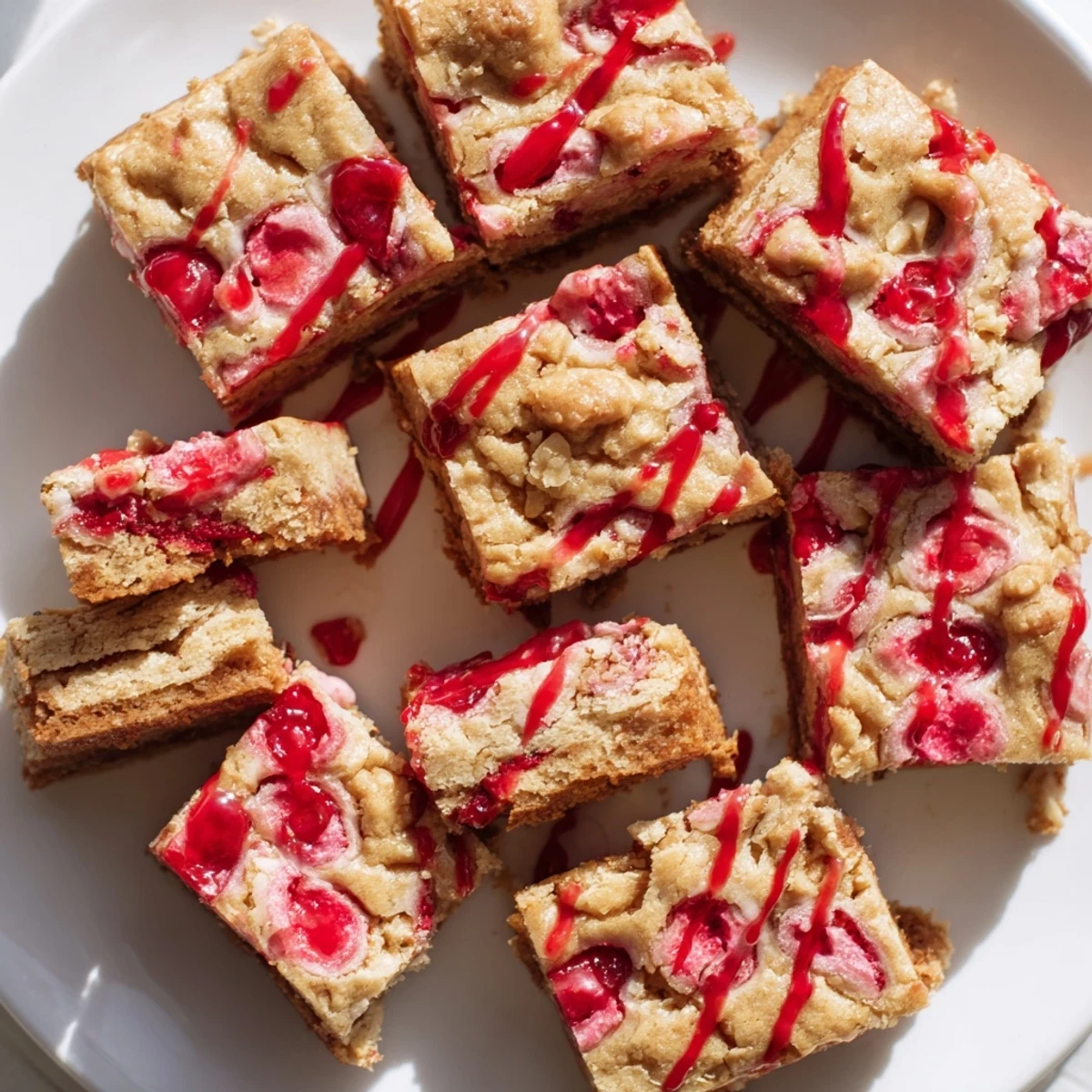 Chewy Cherry Cola Blondie Cookie Bars topped with sweet cherry glaze and maraschino cherries.  