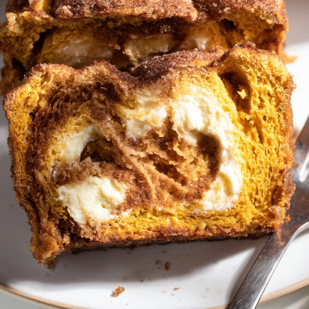 Moist Pumpkin Cheesecake Churro Loaf, drizzled with cinnamon-sugar, inviting fall flavors.  