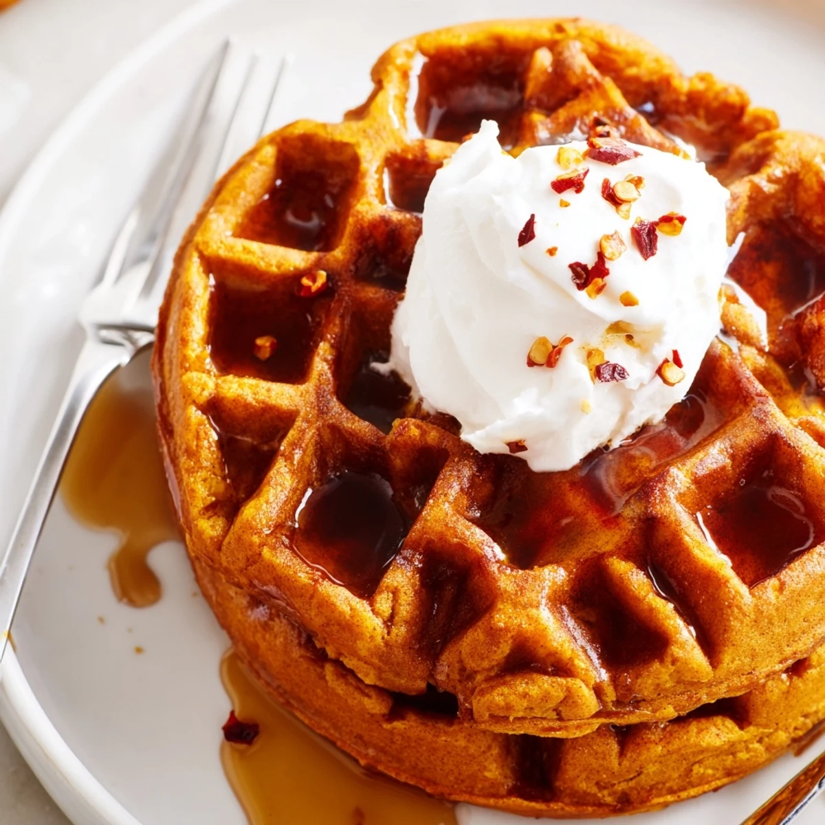 Warm spicy pumpkin buttermilk waffles topped with syrup for a cozy breakfast.  