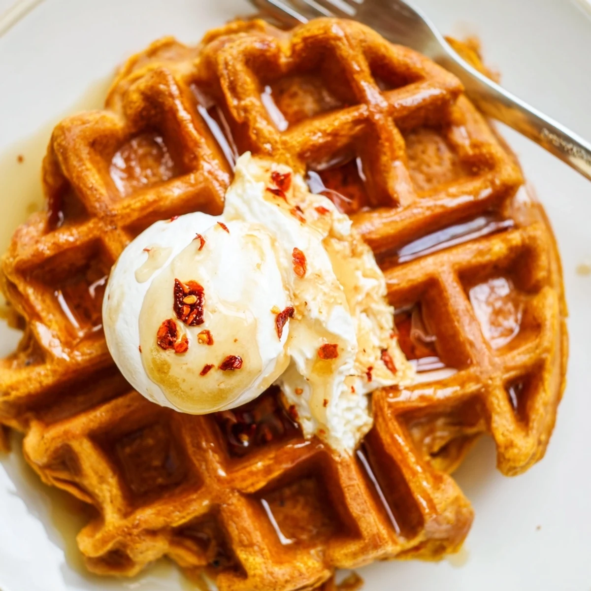 Fluffy pumpkin buttermilk waffles drizzled with syrup and sprinkled with chili flakes.
