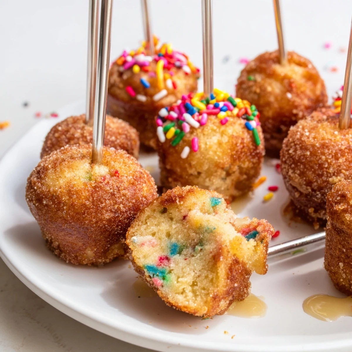 Bite-sized Funfetti Cinnamon Sugar Muffin Pops dusted with cinnamon sugar create a joyful dessert.