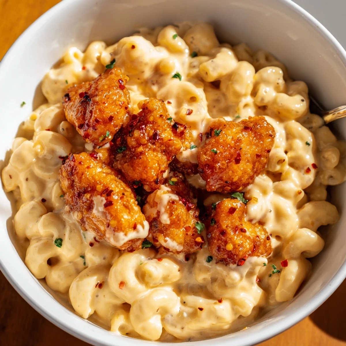 Creamy Honey Pepper Chicken Mac and Cheese Delight with crunchy chicken on top.  