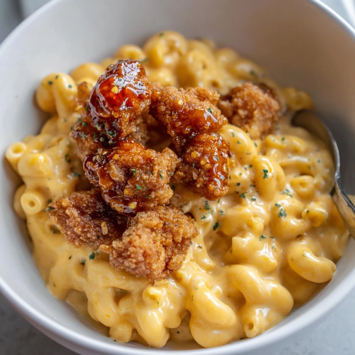 Indulge in velvety mac and cheese loaded with honey pepper chicken flavors.  