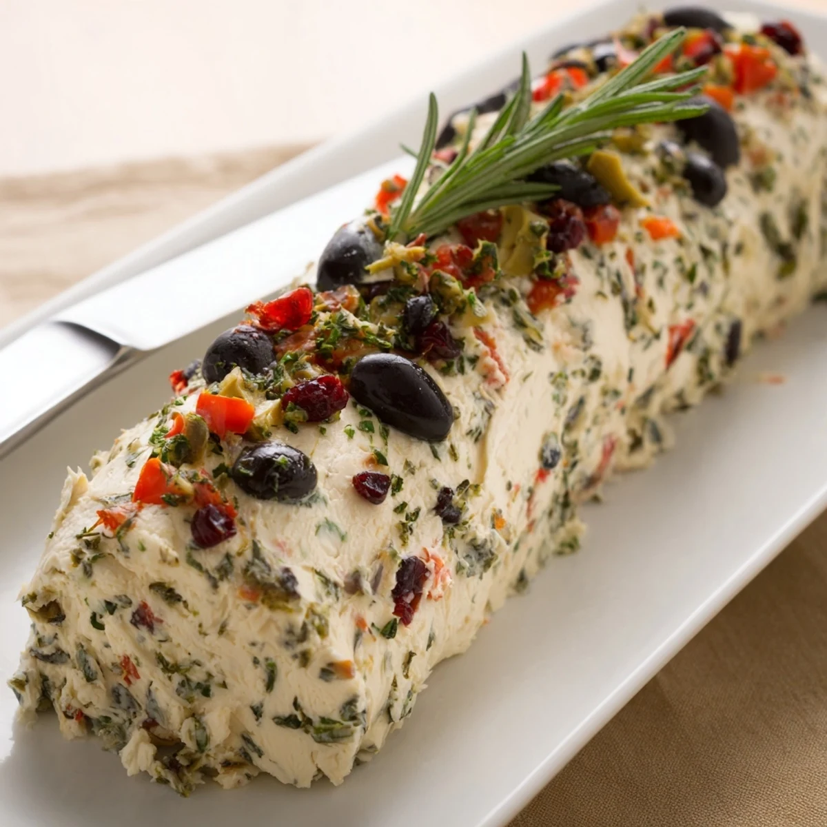 Indulge in a festive Holiday Antipasto Cream Cheese Log bursting with savory toppings.