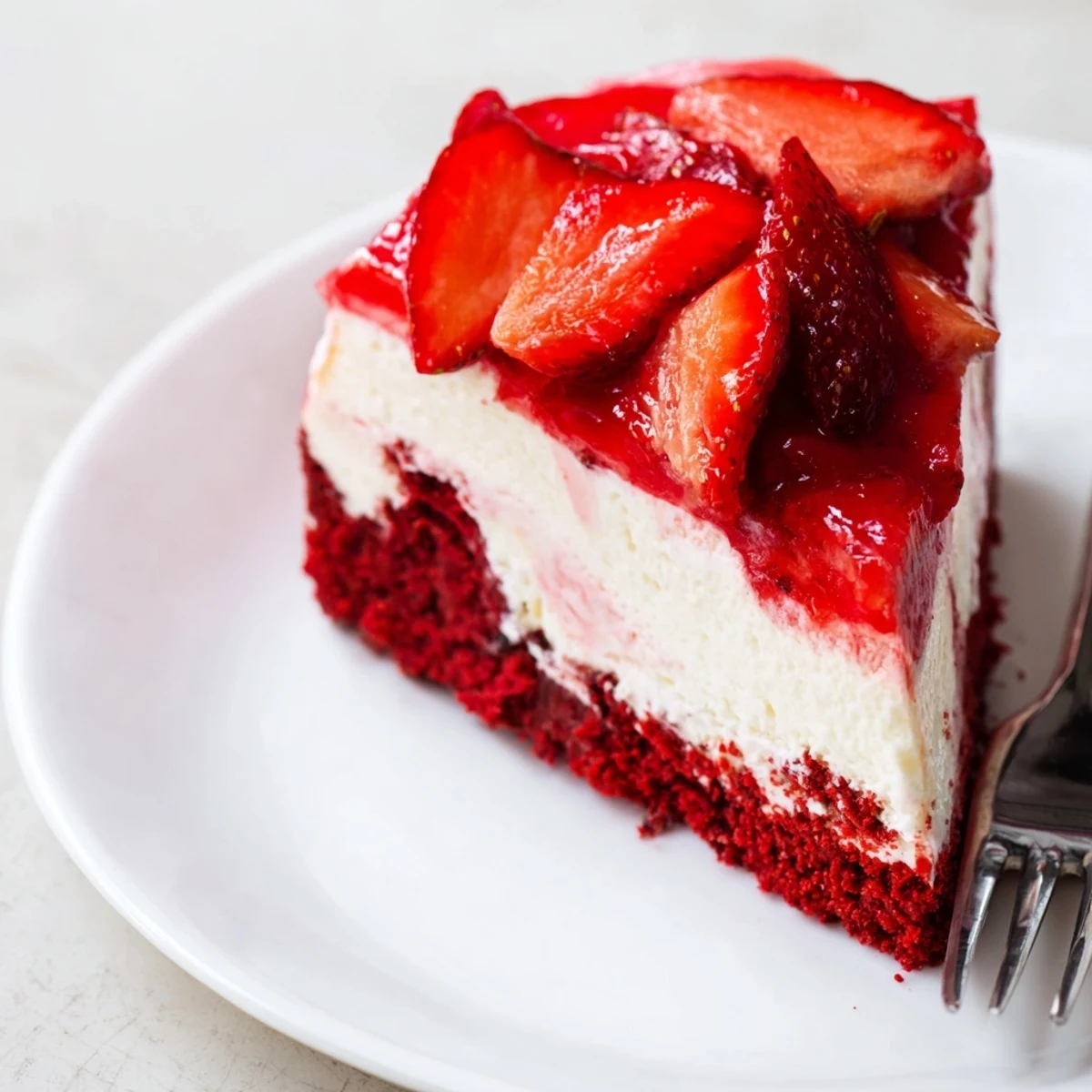 Indulge in the vibrant Strawberry Red Velvet Cheesecake topped with fresh strawberries.  