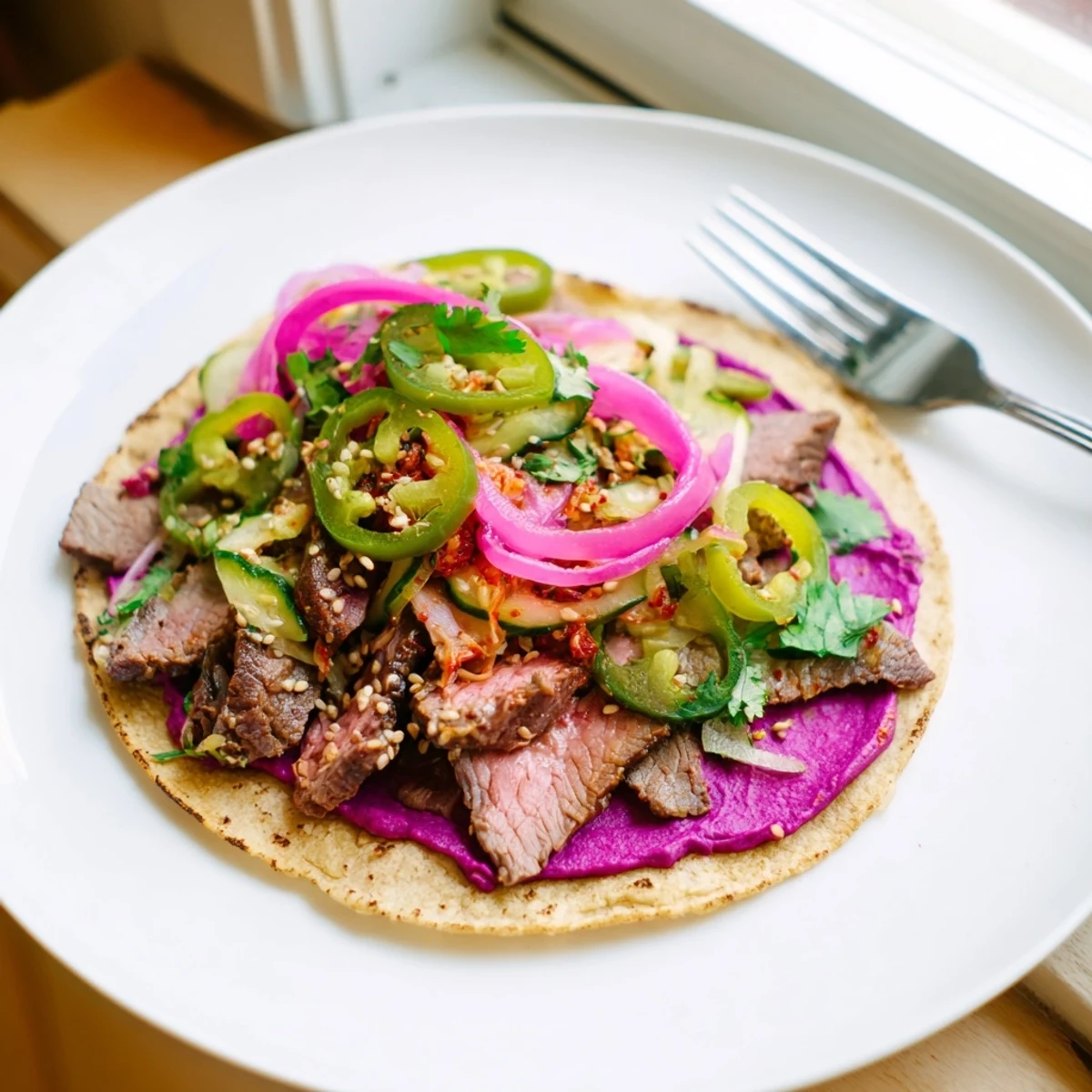 Vibrant Global Street-Food Fusion Tacos topped with colorful veggies and creamy ube crema.  
