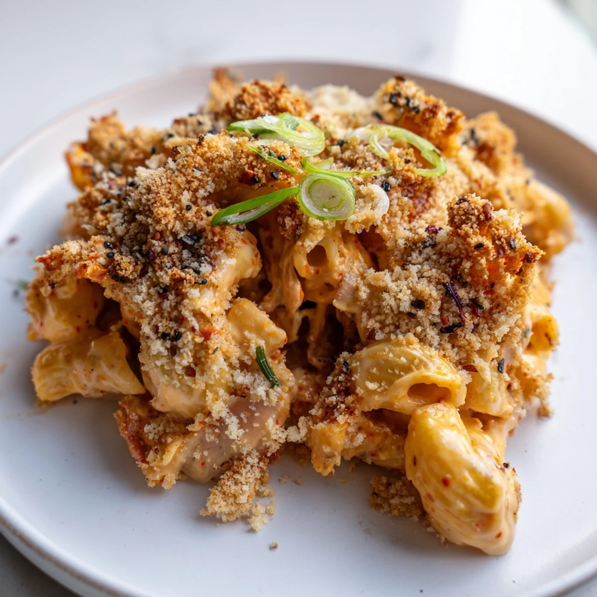 Creamy Spicy Kimchi Mac & Cheese with crunchy sesame topping and vibrant flavors.  