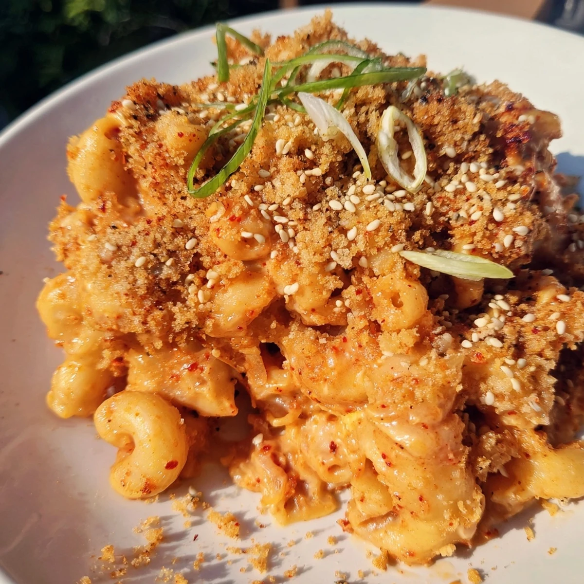 Delicious Spicy Kimchi Mac & Cheese, perfect for a cozy family dinner night.