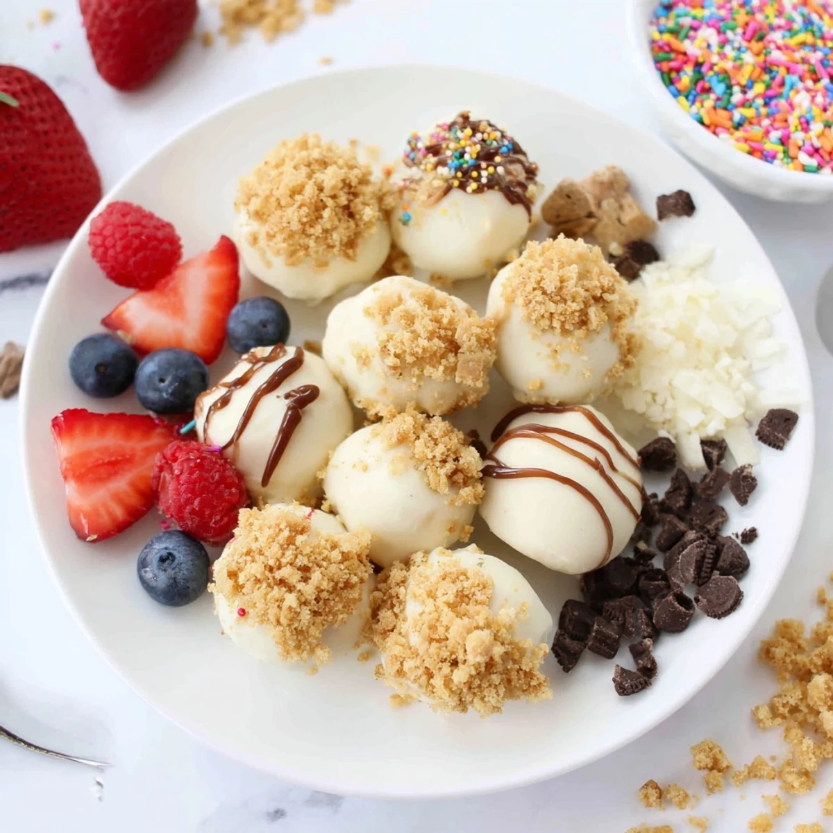 Plate of deconstructed dessert board with cheesecake bites and colorful toppings.  