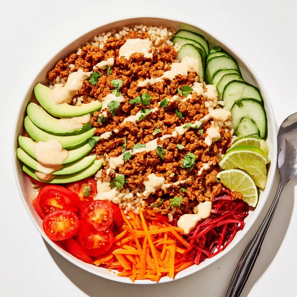 Healthy plant-based meat bowl featuring wholesome quinoa and seasonal vegetables.