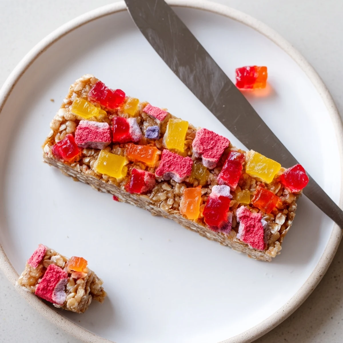 Chewy DIY snack bars topped with vibrant homemade gummies and colorful freeze-dried candy.  