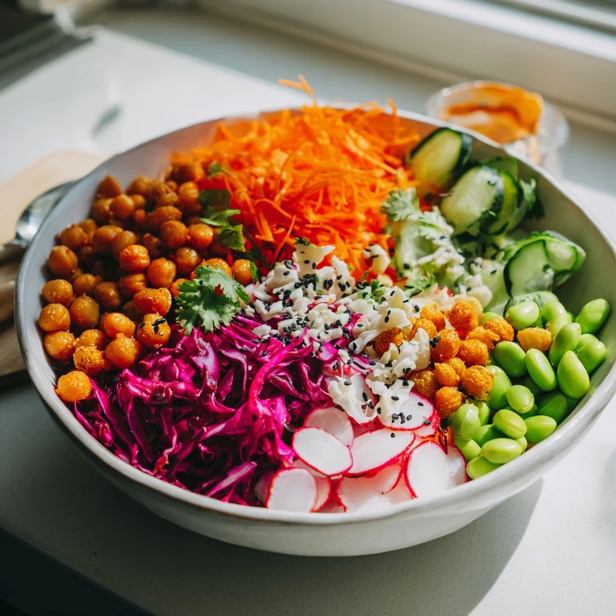 A colorful ASMR Crunch Snack Bowl overflowing with fresh vegetables and crunchy toppings.  