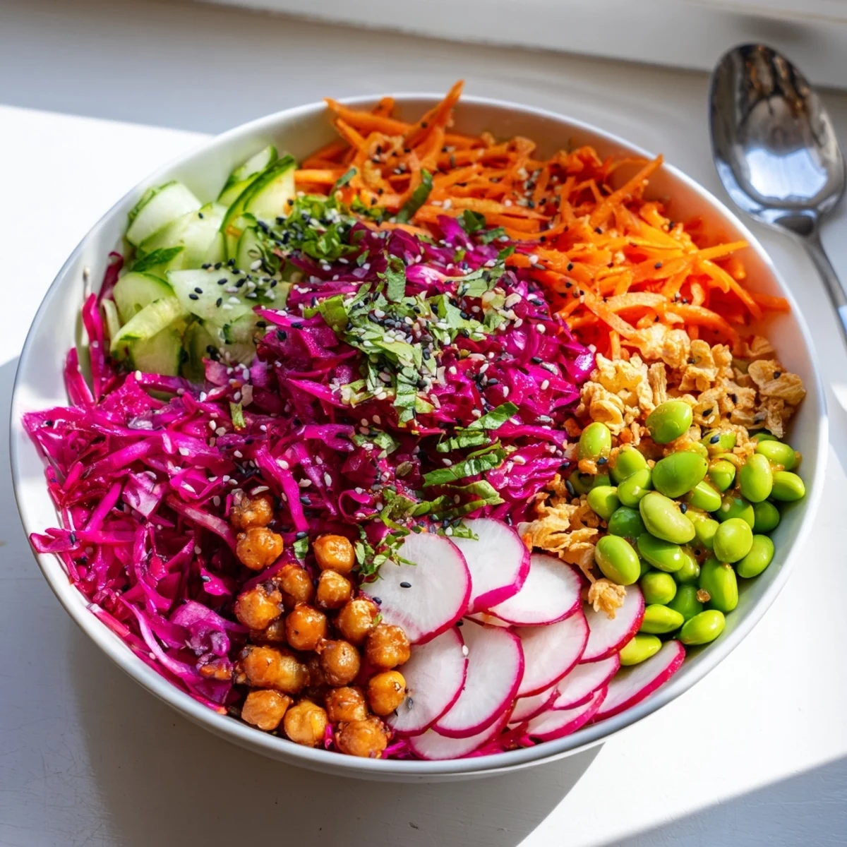 Delicious ASMR Crunch Snack Bowls topped with roasted chickpeas and colorful veggies for snacking.