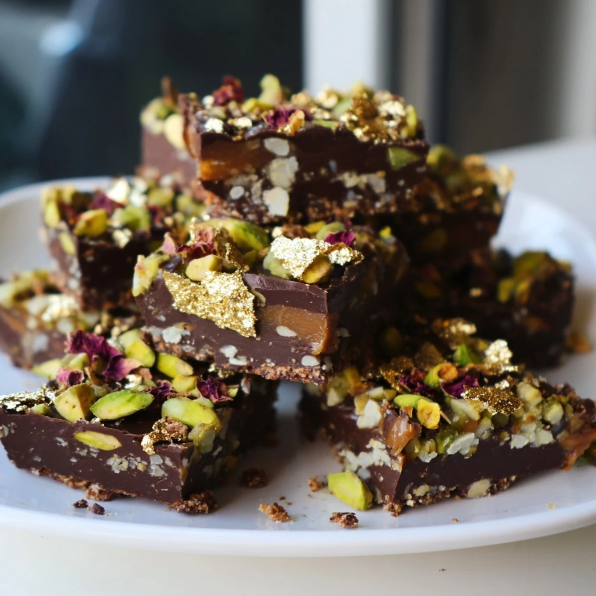 Decadent Chocolate Bar Inspired Creations with crunchy pistachios and floral rose petals.  