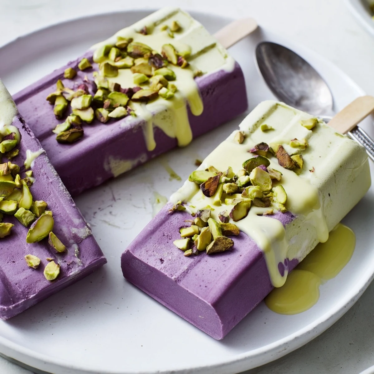 Creamy ube and pistachio ice cream bars, colorful and perfect for summer treats.  