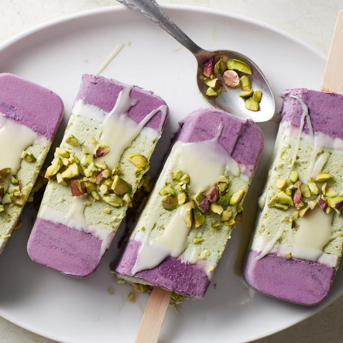 Delightful ube and pistachio ice cream bars topped with crunchy pistachio bits.  