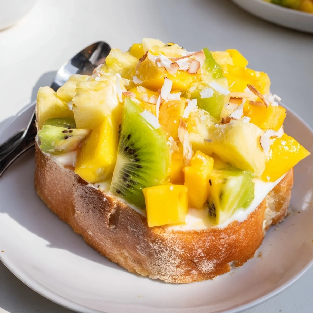 Creamy Yogurt-Custard Toast 2.0 topped with fresh mango and pineapple slices.  