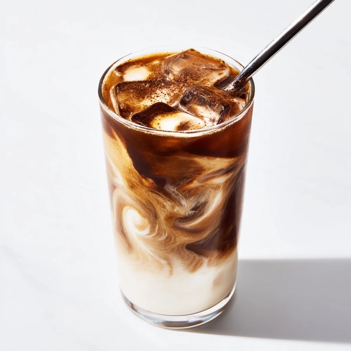 Iced coffee with tahini blend, topped with creamy plant-based milk and ice.  