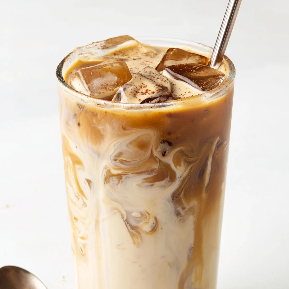 Delicious cold brew coffee infused with tahini, maple syrup, and ice cubes.