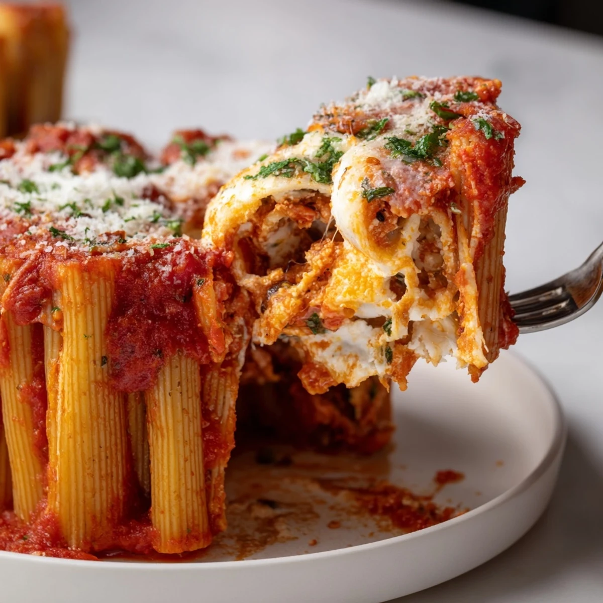 Baked Honeycomb Pasta Cake topped with melted cheese and fresh parsley garnish.  