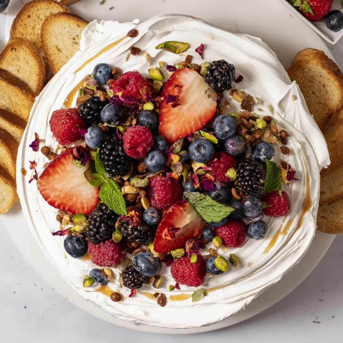 Creamy butter board dessert featuring fresh berries and nuts for gatherings.