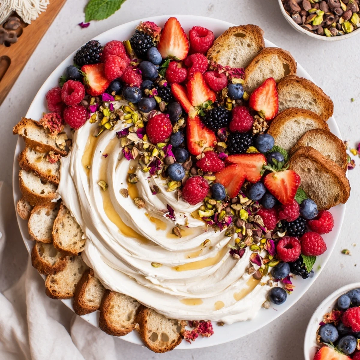 Decadent butter board dessert topped with vibrant berries and honey drizzle.