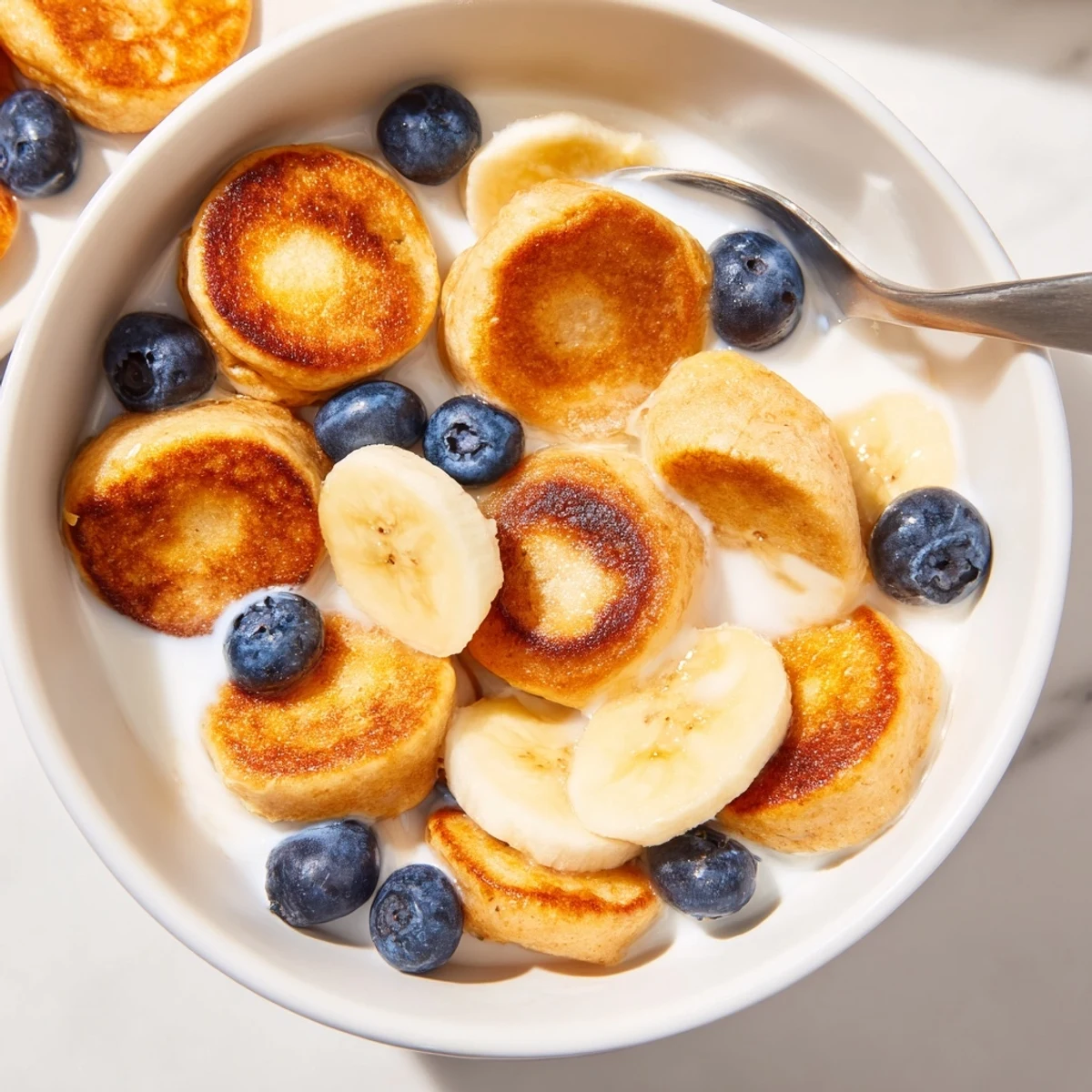 Fluffy mini pancake cereal served in a bowl with milk and fruit toppings.  