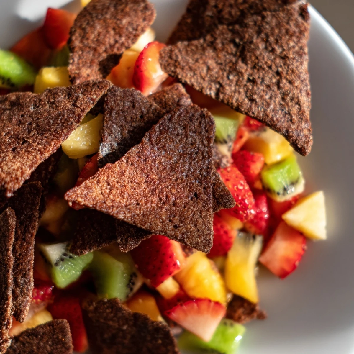 Sweet chocolate dessert chips served with refreshing fruit salsa, perfect for any celebration.