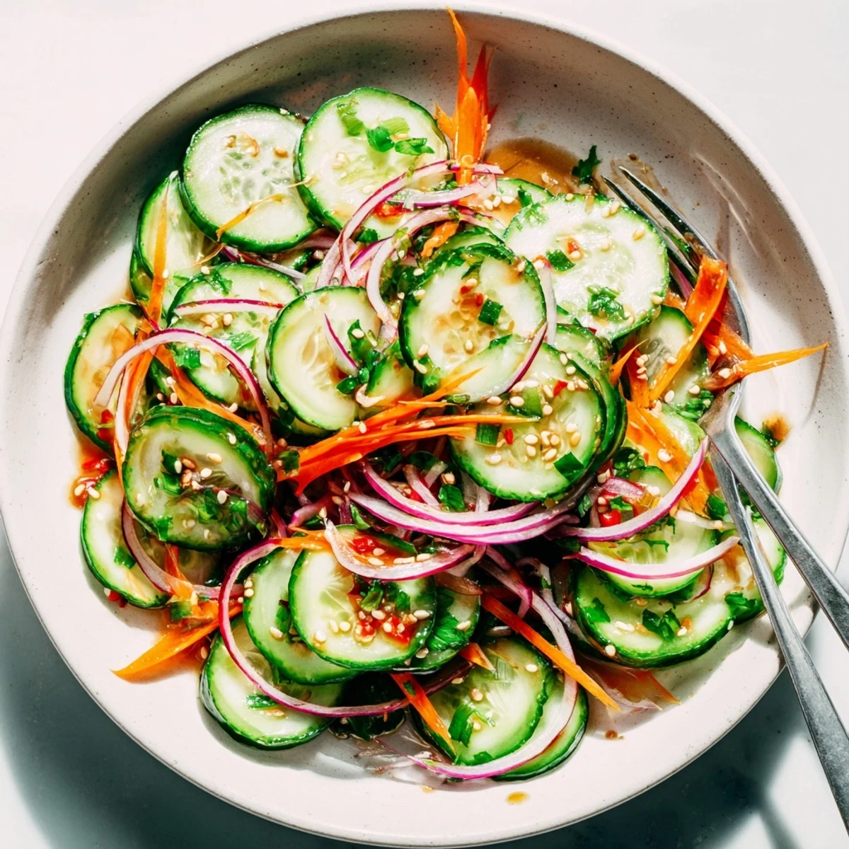 Fresh and crunchy cucumber salad remix with tangy Asian-inspired seasonings and sesame oil.  