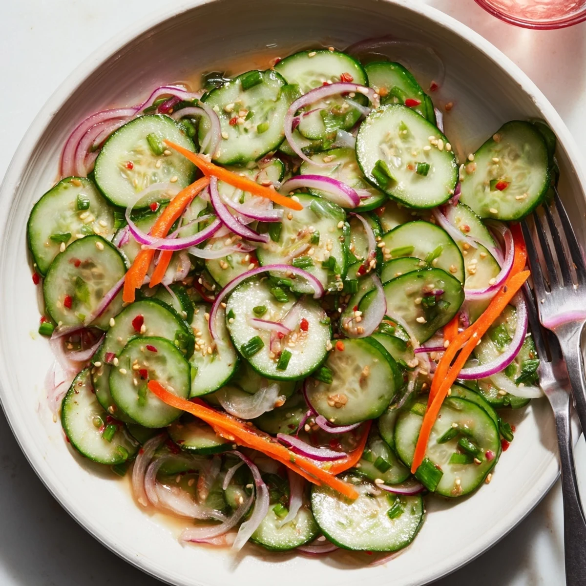 Refreshing cucumber salad remix drizzled with sesame oil, perfect as a light appetizer.