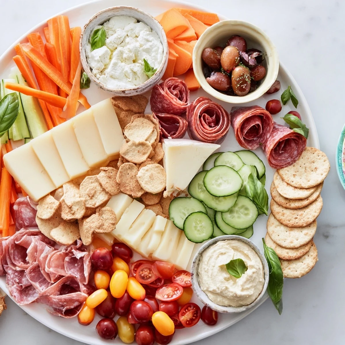 A vibrant girl dinner platter brimming with cheeses, fruits, and tasty dips.  