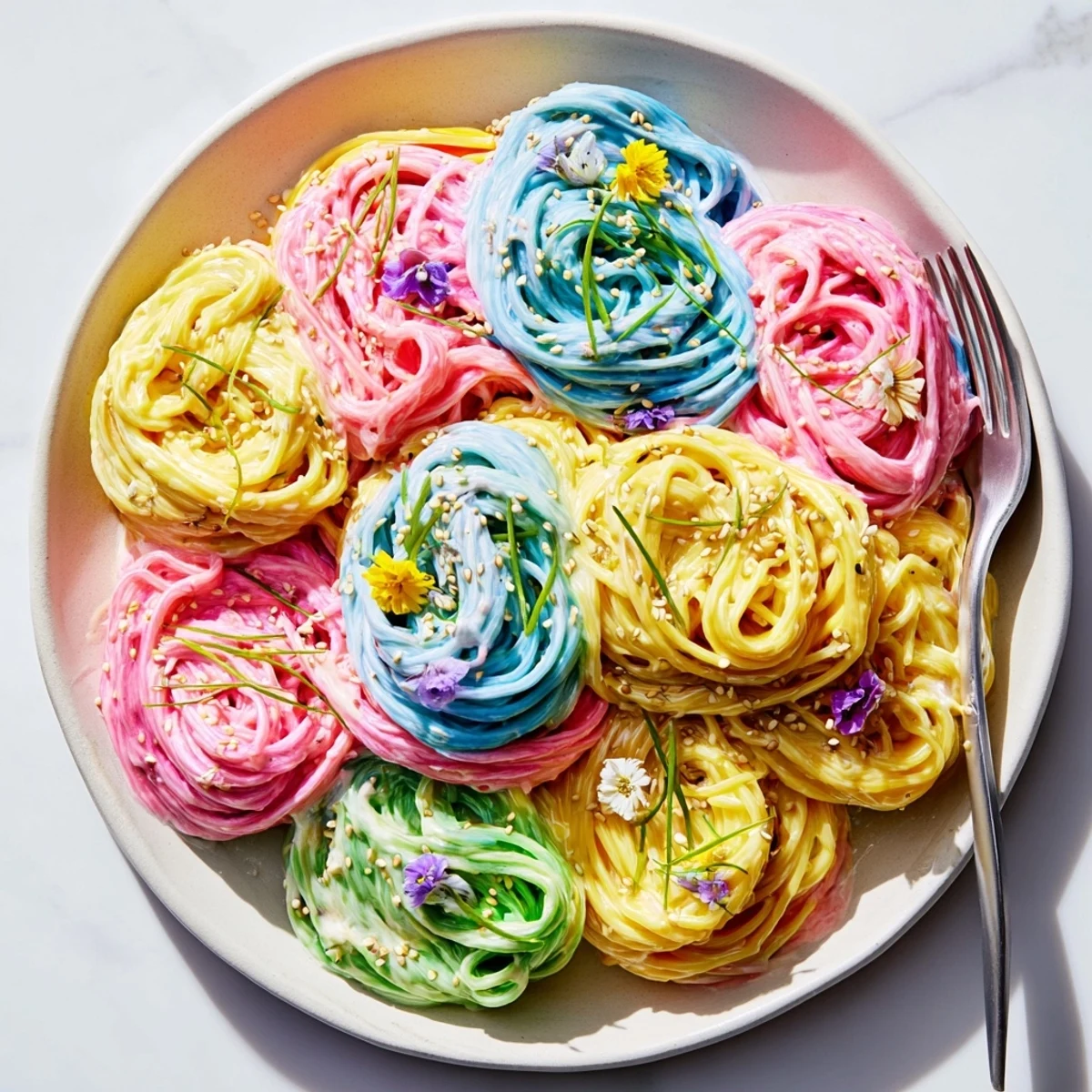 Whimsical Neon Noodle Cloud dish drenched in creamy, colorful sauce ready for serving.  