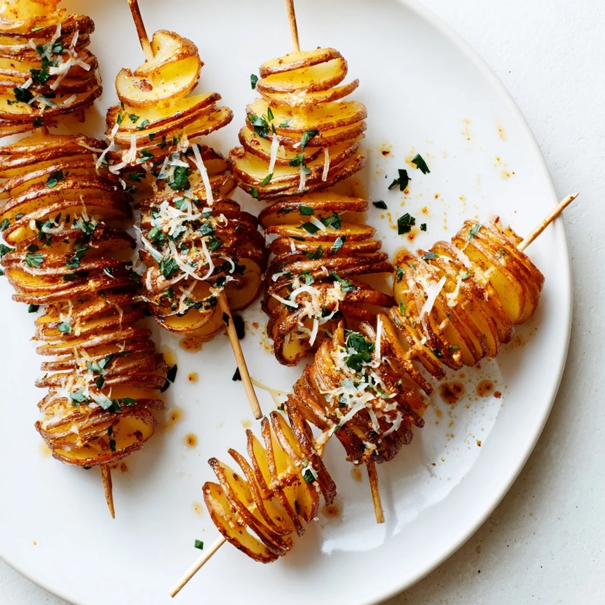 Golden spiral potatoes, air-fried to perfection and garnished with fresh parsley.  