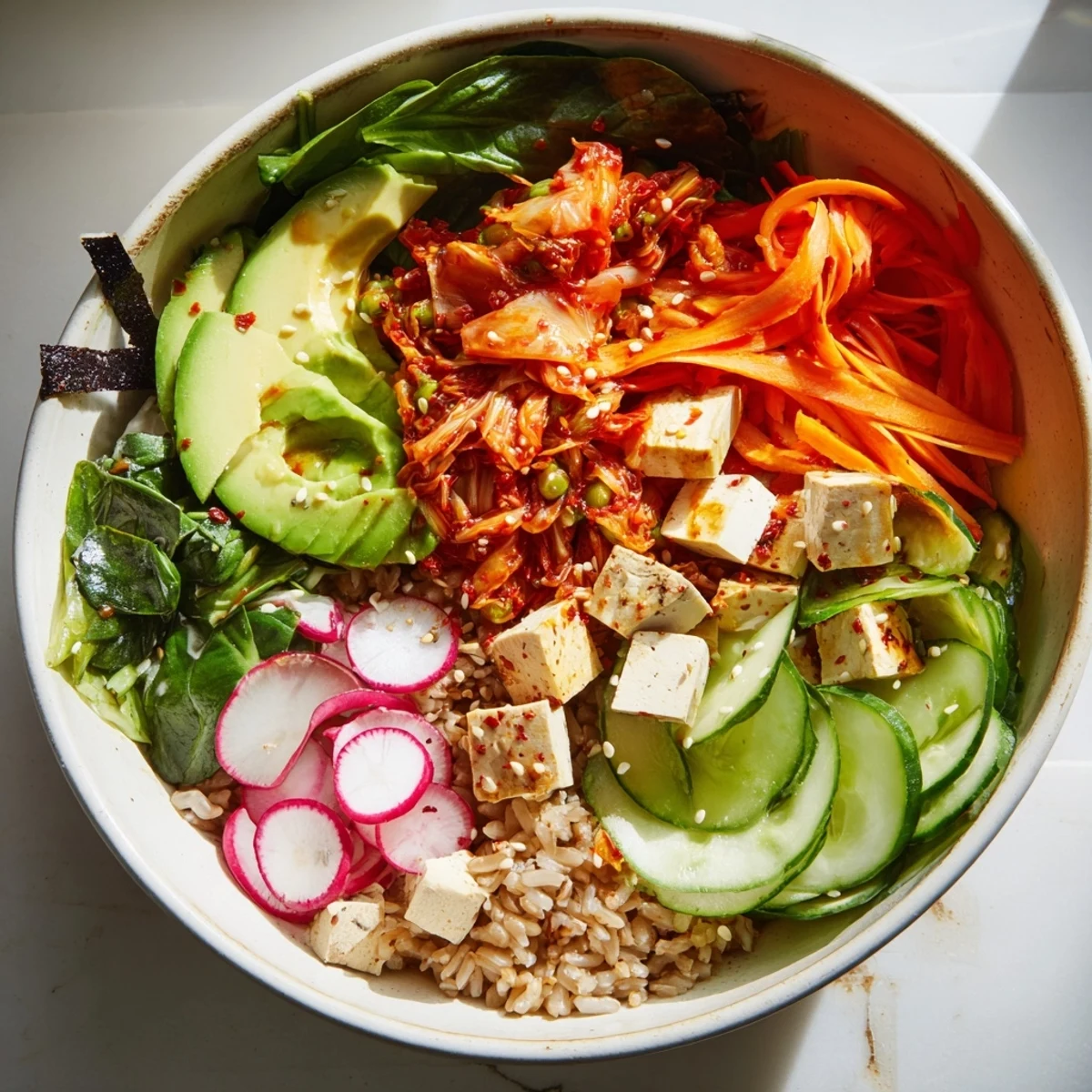 Vibrant fermented vegetable bowl with kimchi, fresh greens, and healthy grains.