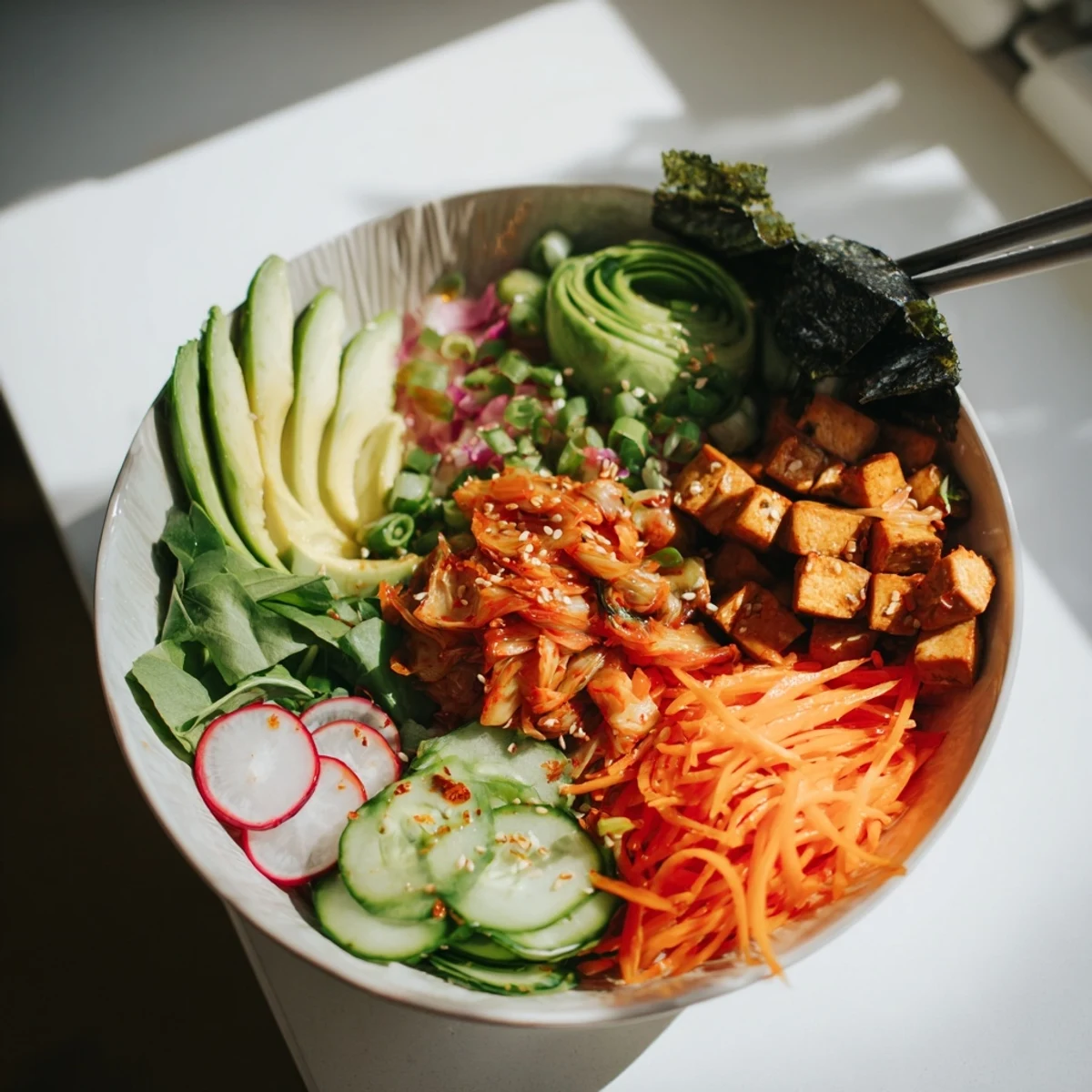 Colorful fermented vegetable bowl featuring tangy kimchi, sliced avocado, and earthy grains.