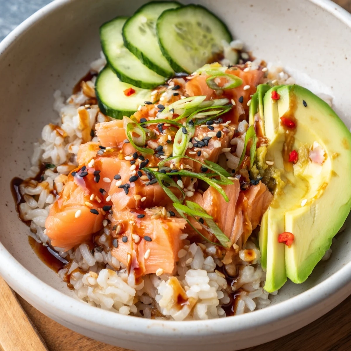A vibrant Leftover Salmon & Rice Bowl topped with fresh avocado and cucumber slices.  