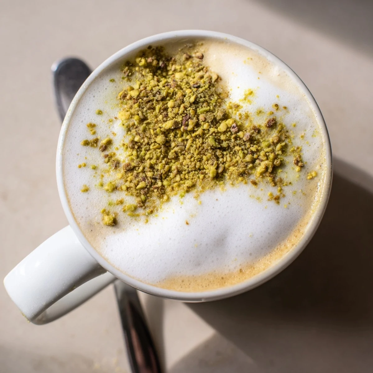 Creamy pistachio milk latte topped with crushed nuts for a delightful finish.